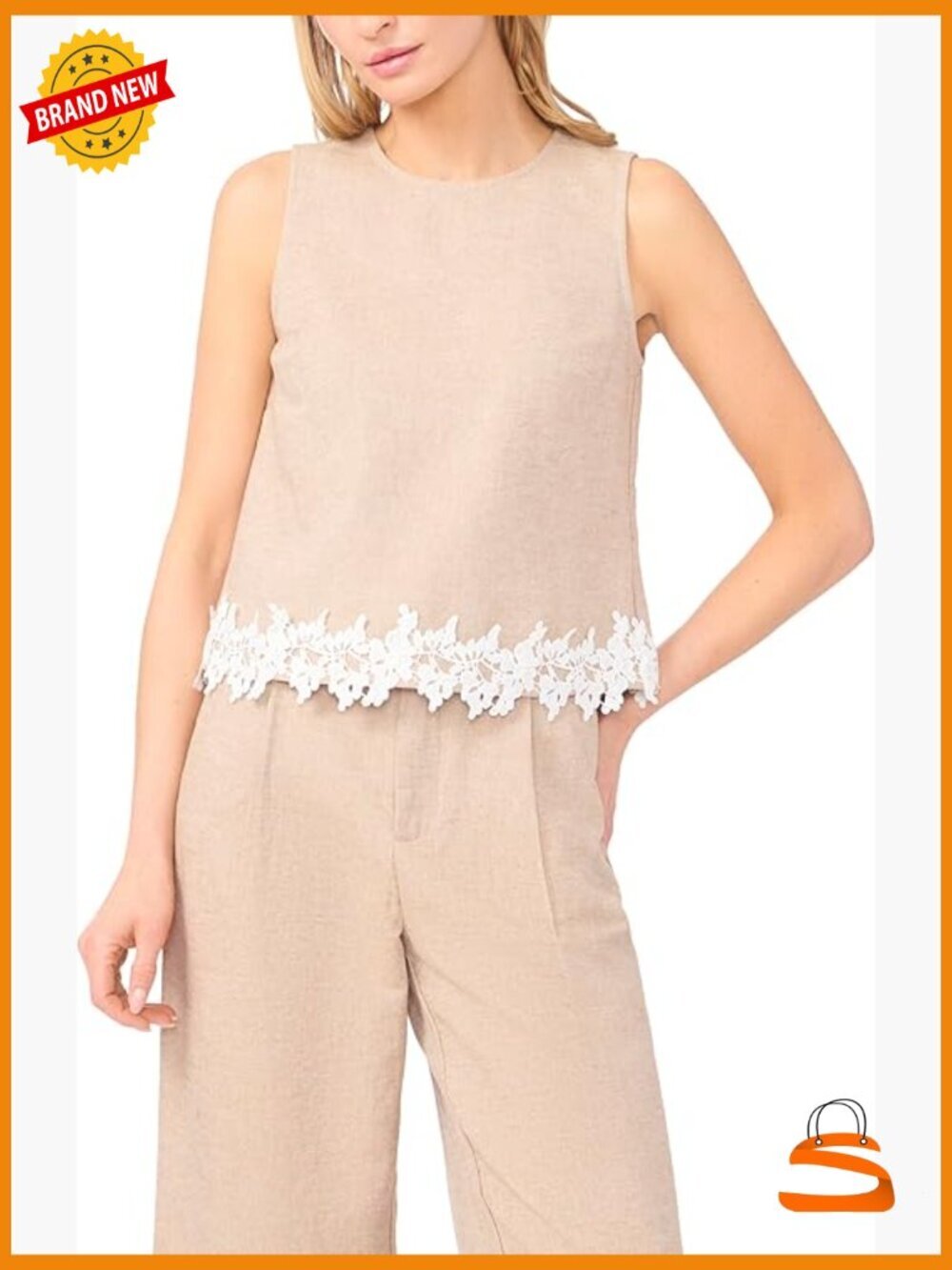 Boxy Sleeveless Applique Top Lace Trim Cotton Linen Pull On
